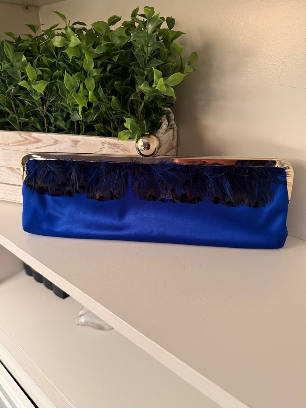 Kate Spade Royal Blue Satin Evening Clutch w/ Silver Ball Latch & Feather Trim